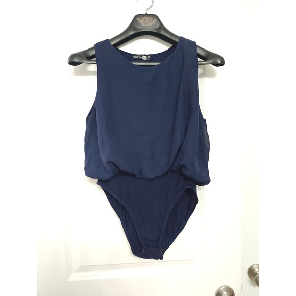 Boohoo Night Tops - Boohoo Night Navy Blue‎ Sleeveless Chiffon Overlay Bodysuit